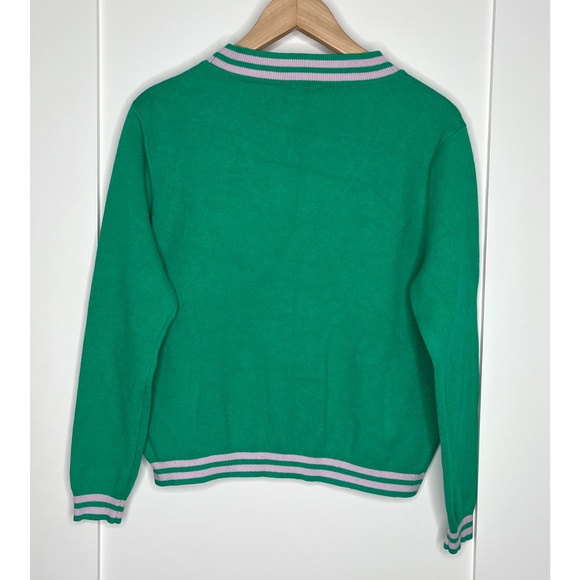 Sioni Kerry Varsity Style Cardigan with Detail Stripes in Green & Blush Pink - Picture 6 of 7